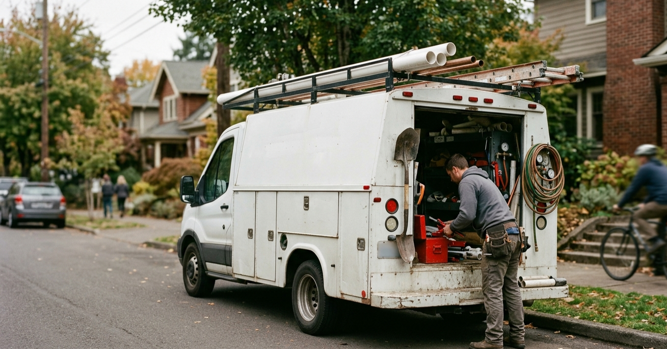 Licensed plumber unloading pipe and equipment from a service van outside a Maryland home