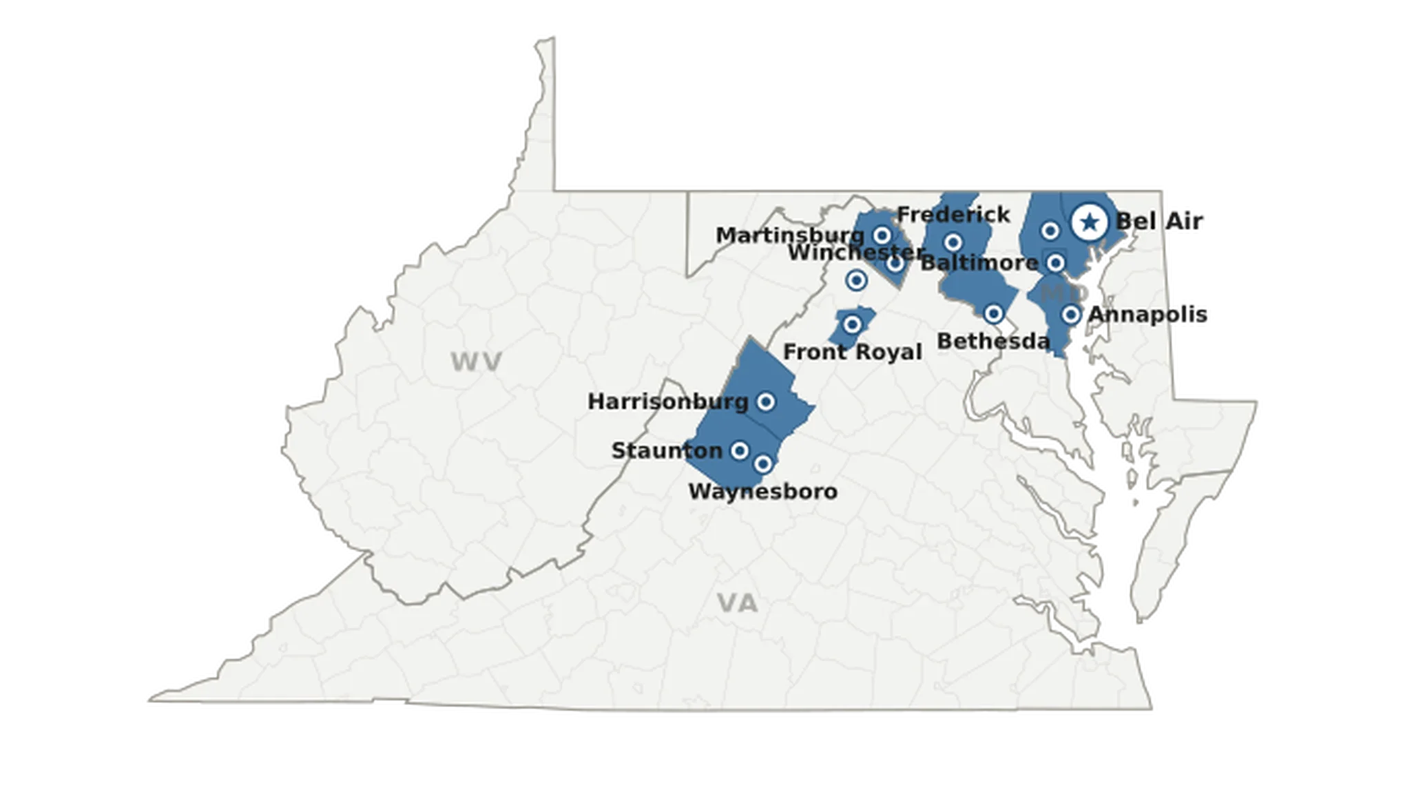 Map of Maryland, Virginia, and West Virginia with the 15 counties and 13 cities served by Blue Ridge Digital Partners.